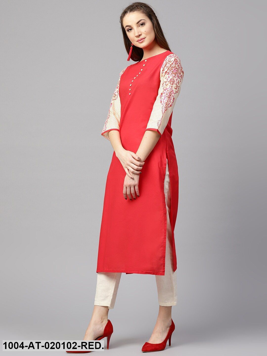 Red & Beige Solid Straight Kurta - Image 3