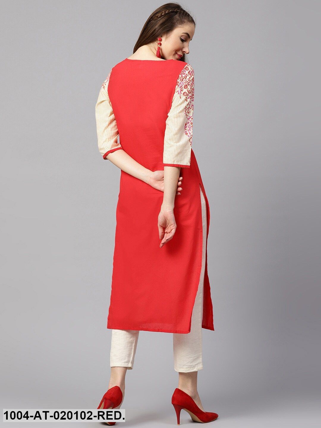 Red & Beige Solid Straight Kurta - Image 4