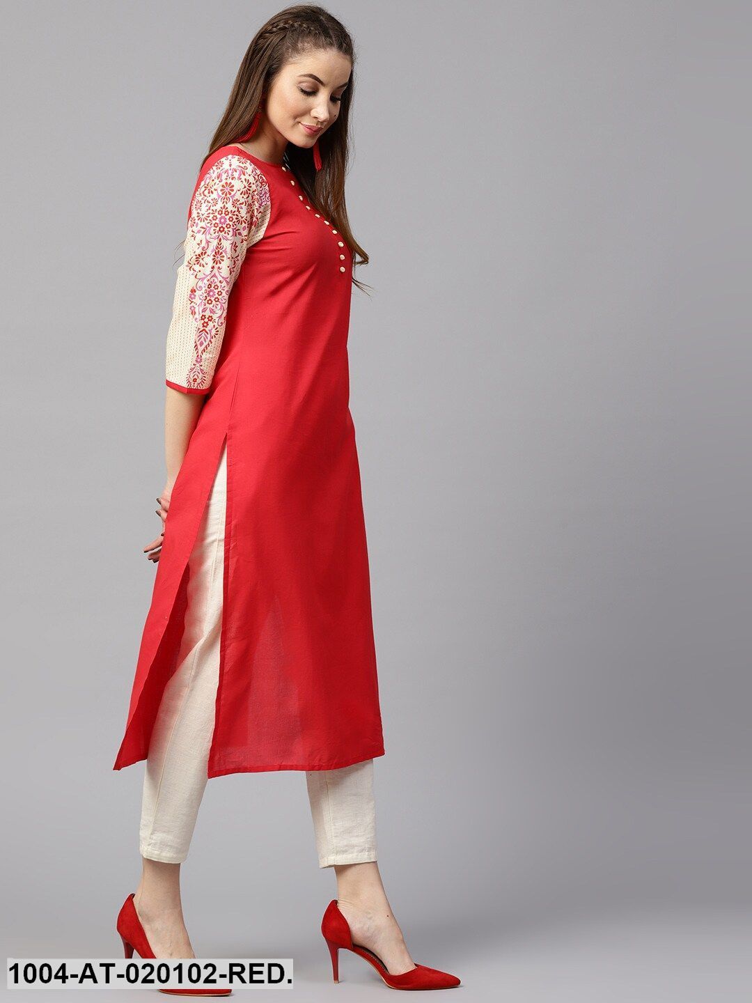 Red & Beige Solid Straight Kurta - Image 5