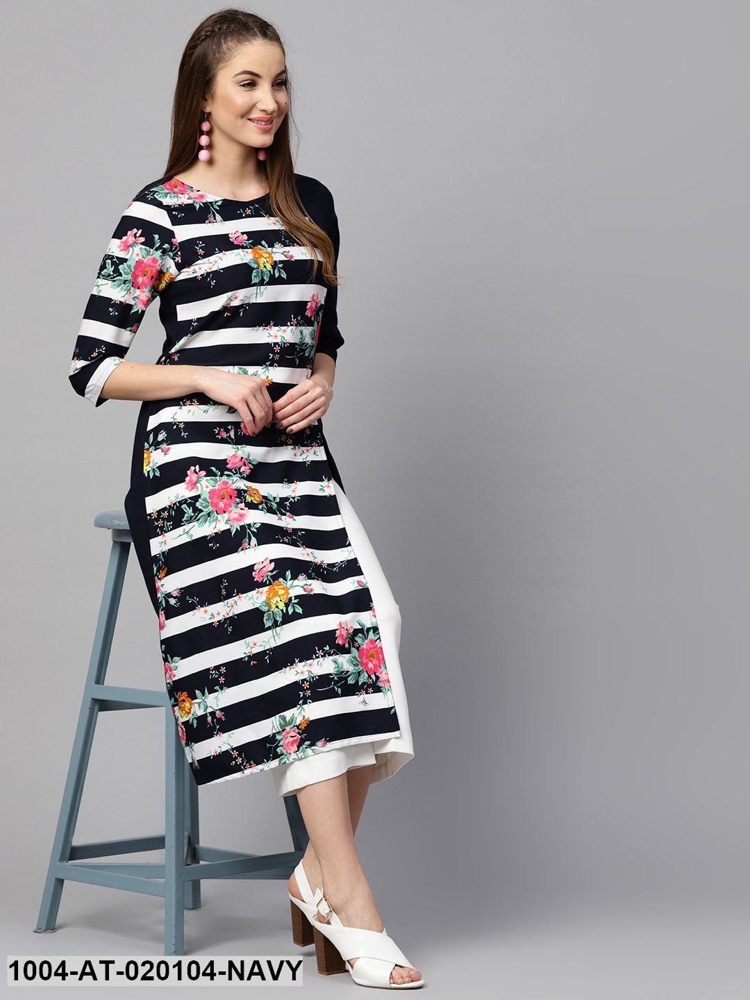 Navy Blue & White Striped A-Line Kurta