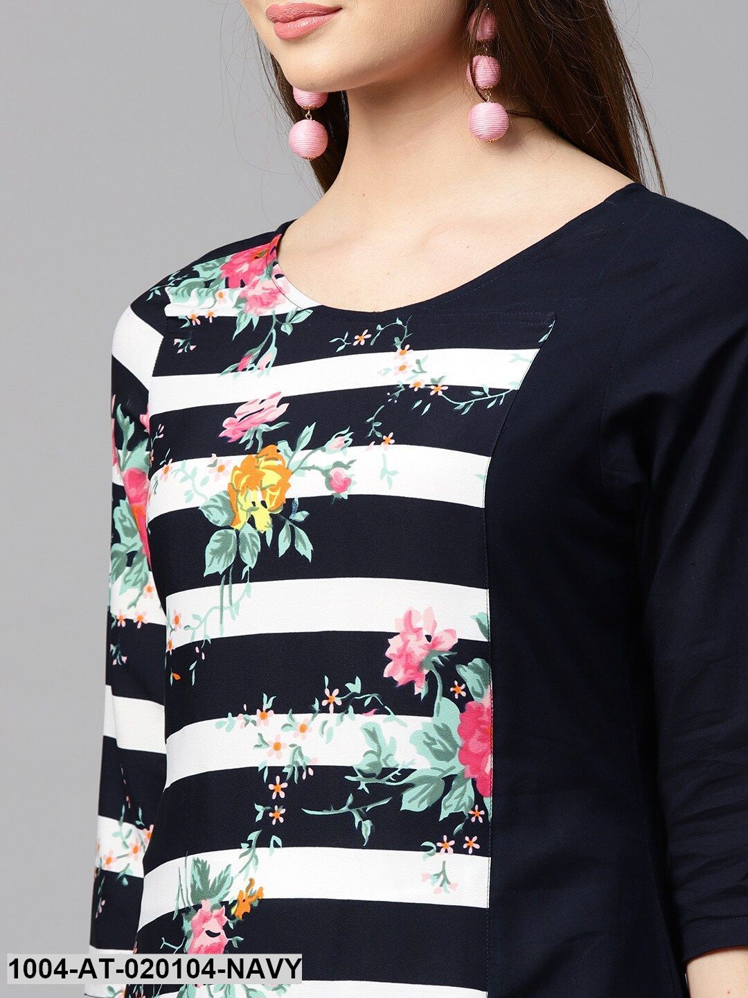 Navy Blue & White Striped A-Line Kurta - Image 2