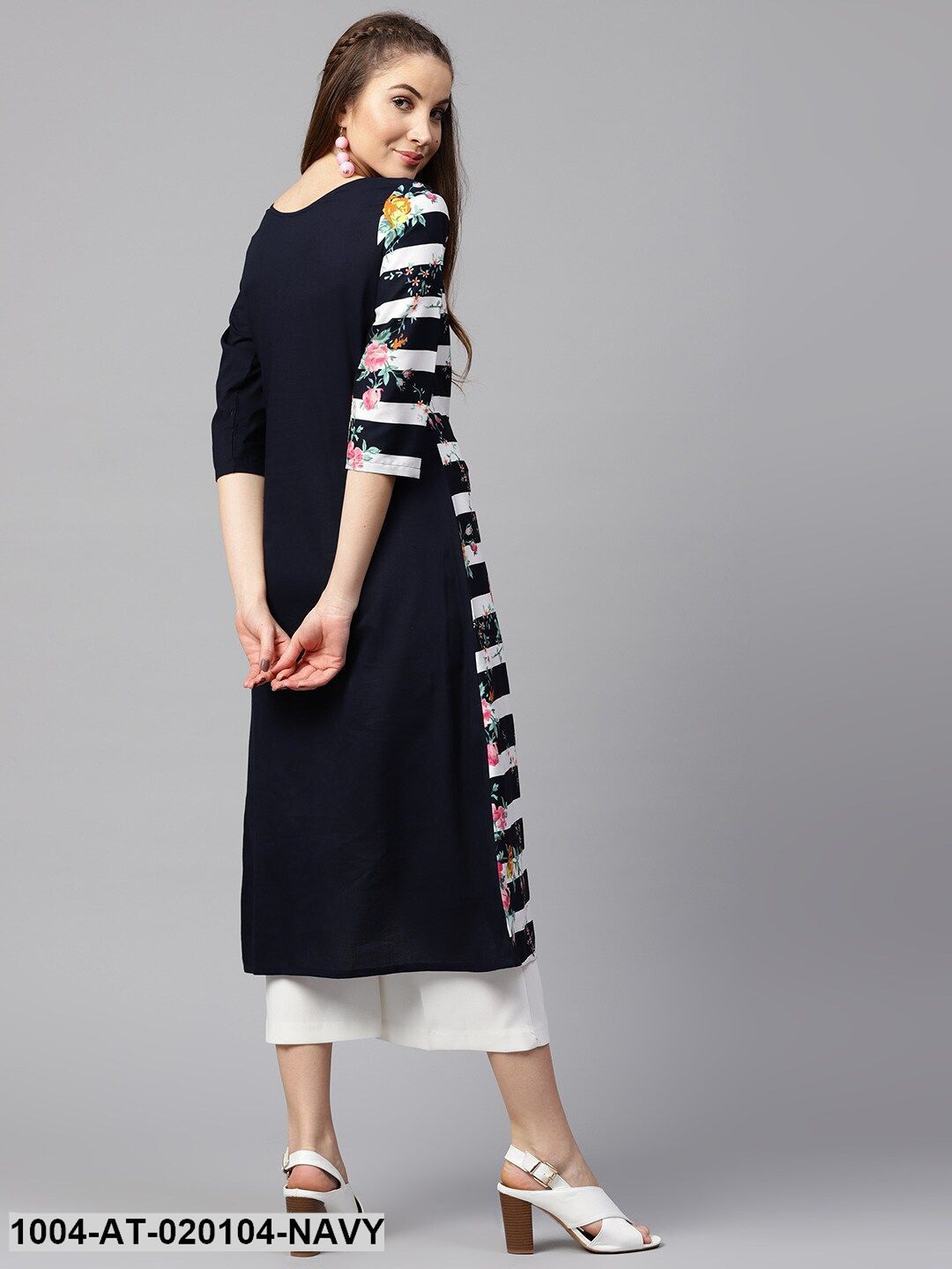 Navy Blue & White Striped A-Line Kurta - Image 4