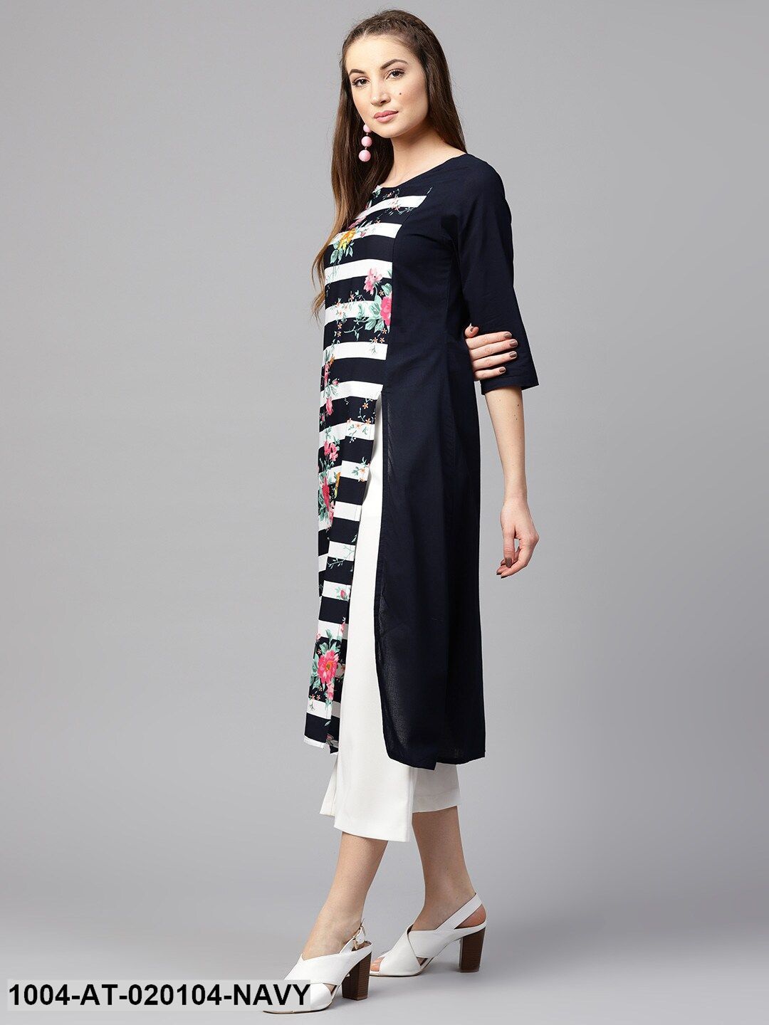 Navy Blue & White Striped A-Line Kurta - Image 5
