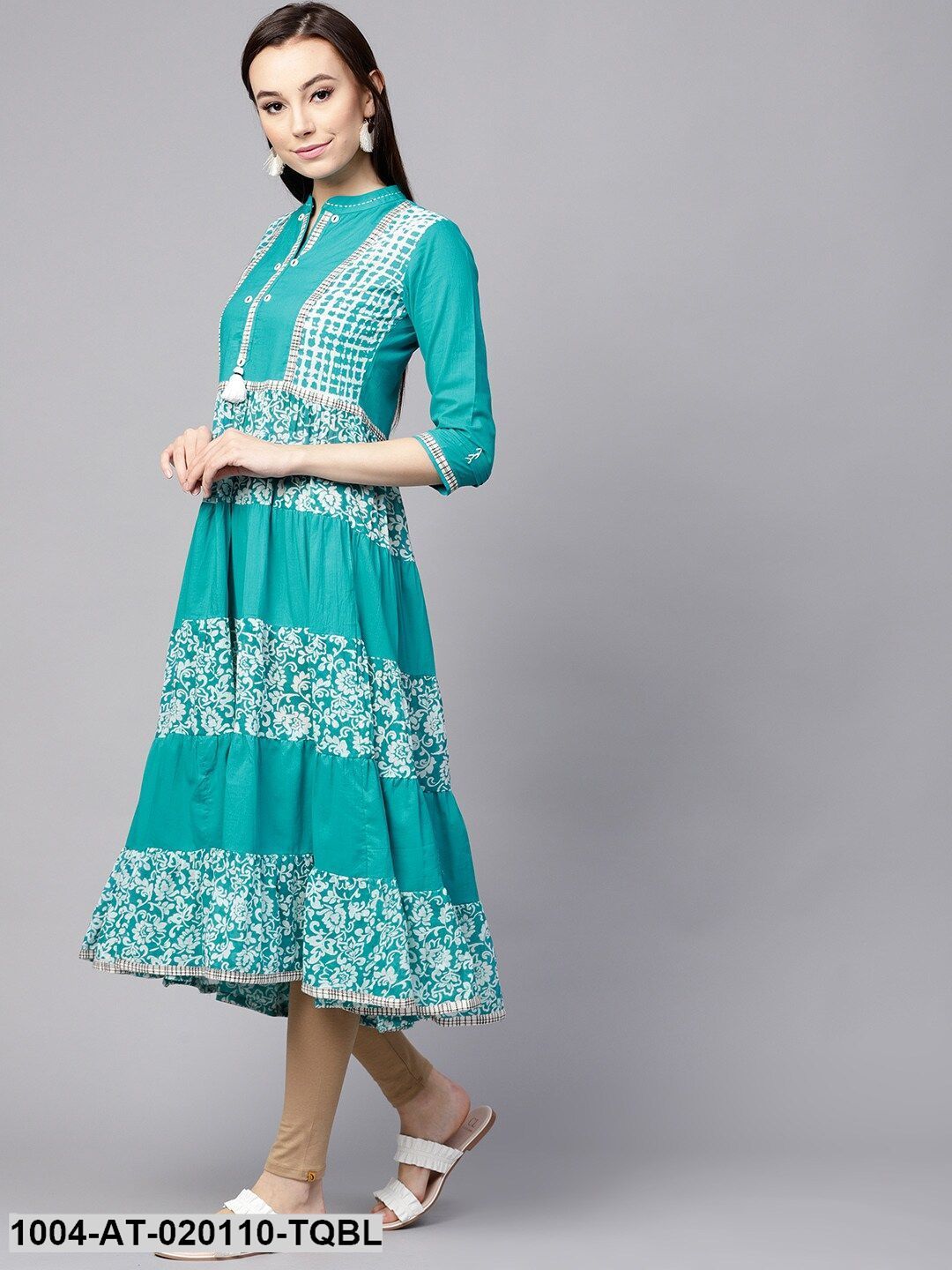 Turquoise Blue Printed Tiered Anarkali Kurta - Image 3