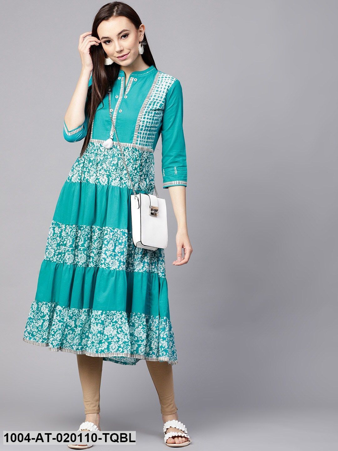 Turquoise Blue Printed Tiered Anarkali Kurta - Image 4