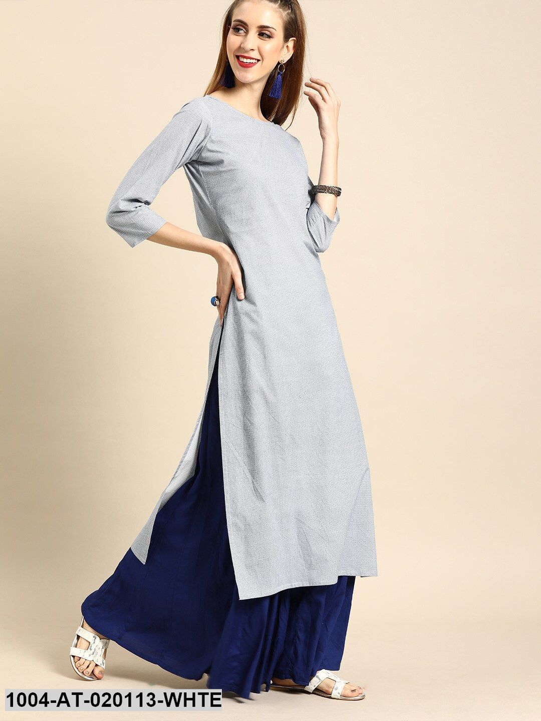 White & Blue Printed Straight Kurta - Image 5