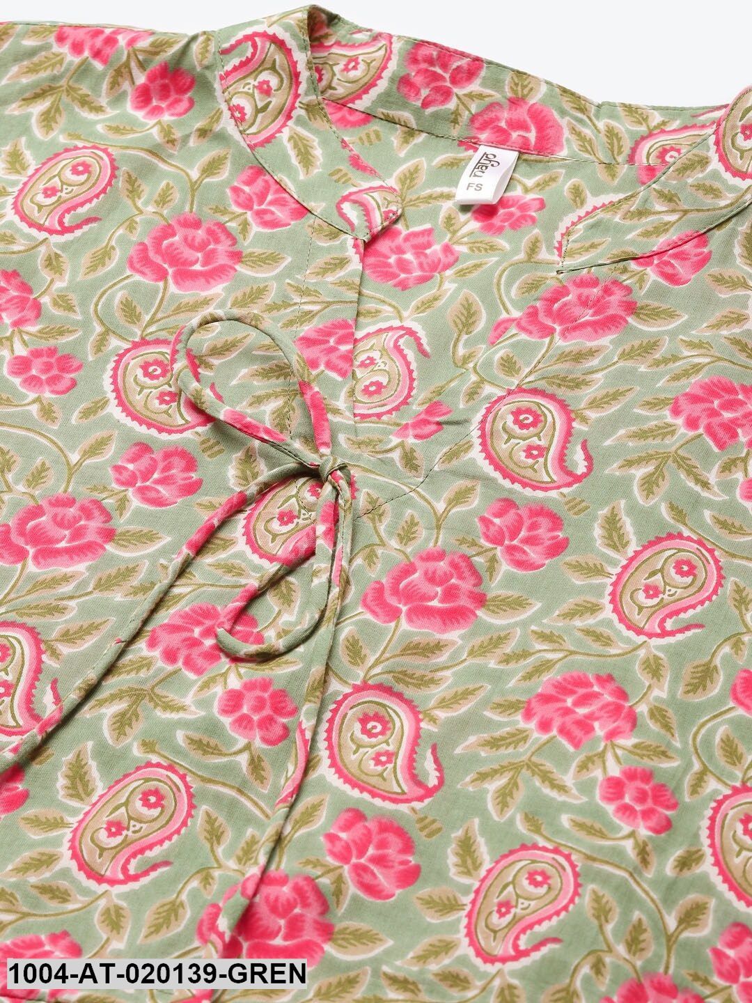 Green & Pink Floral Screen Print Flared Sleeves Floral Kaftan Kurta - Image 2