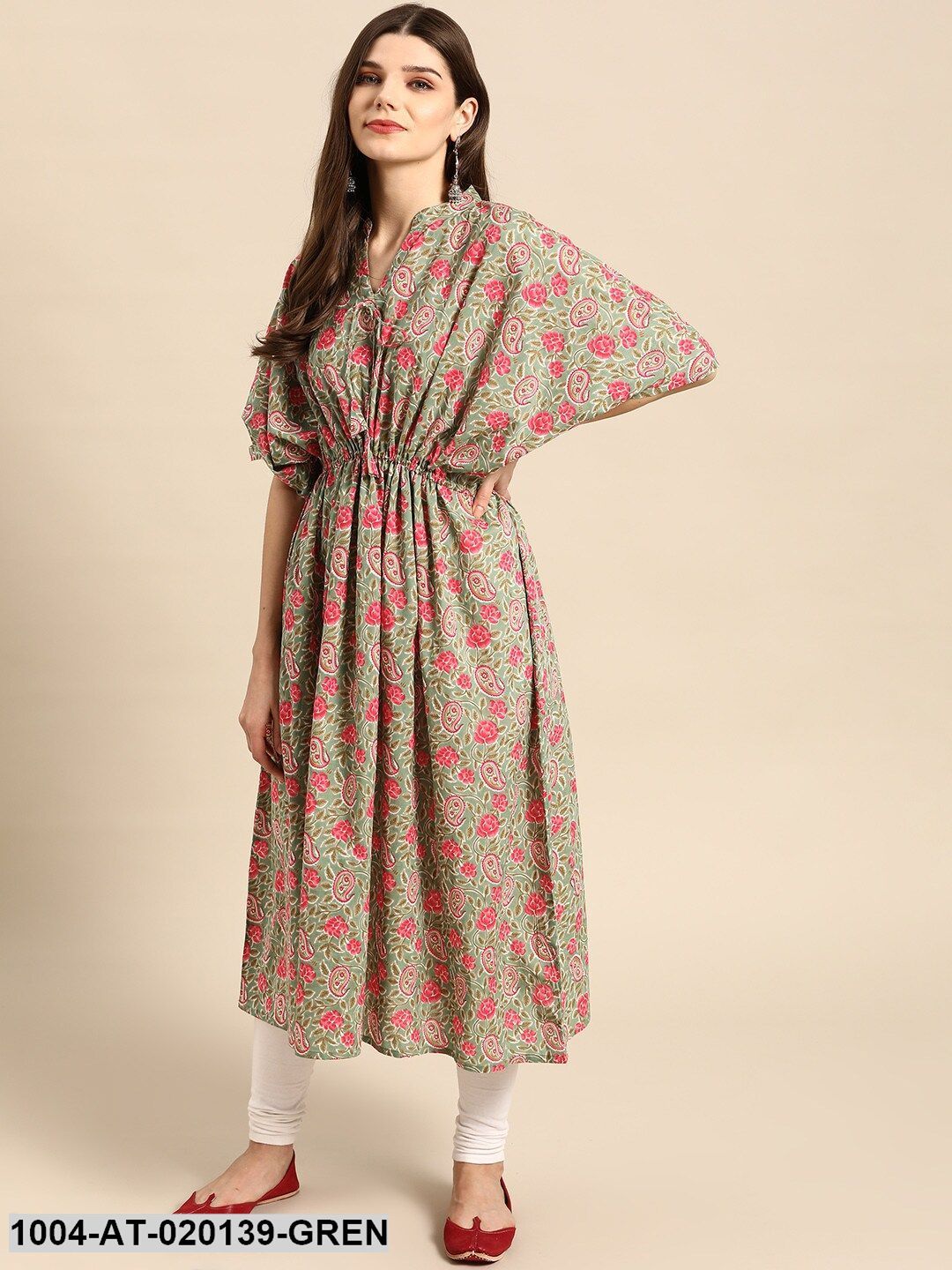 Green & Pink Floral Screen Print Flared Sleeves Floral Kaftan Kurta - Image 3