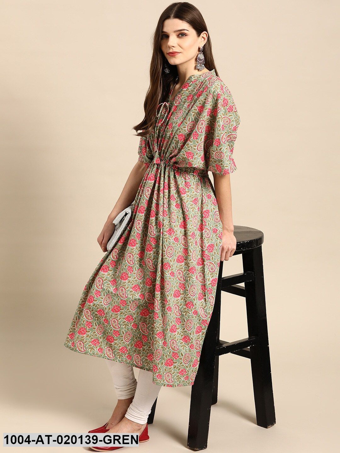 Green & Pink Floral Screen Print Flared Sleeves Floral Kaftan Kurta - Image 4