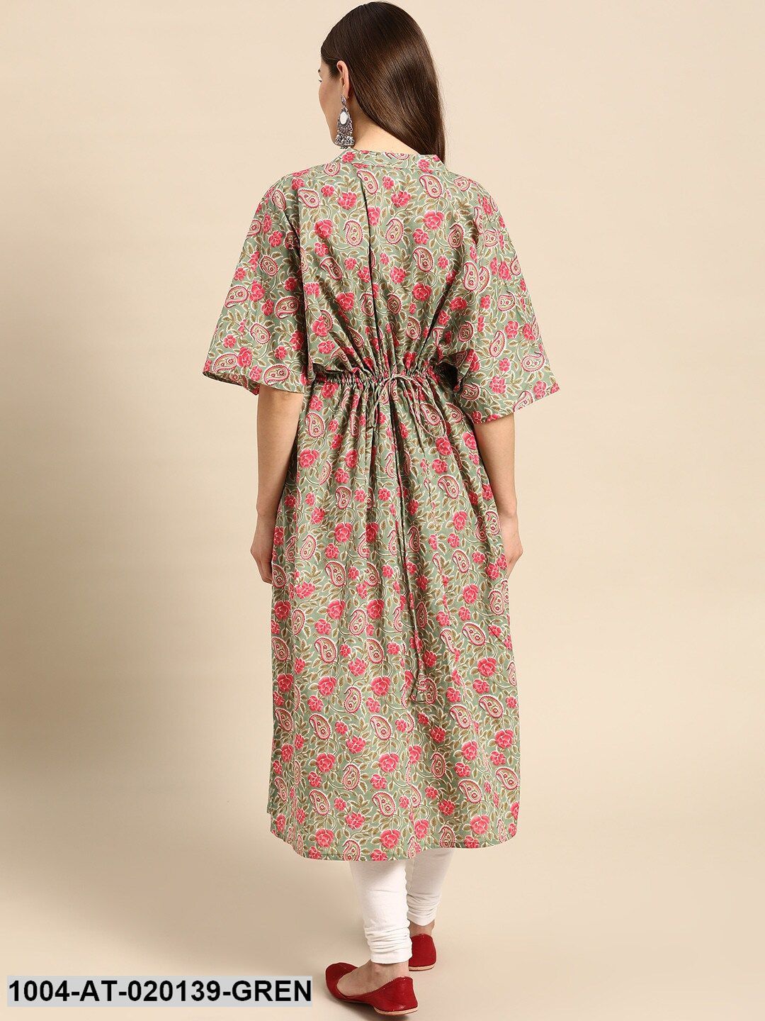 Green & Pink Floral Screen Print Flared Sleeves Floral Kaftan Kurta - Image 5