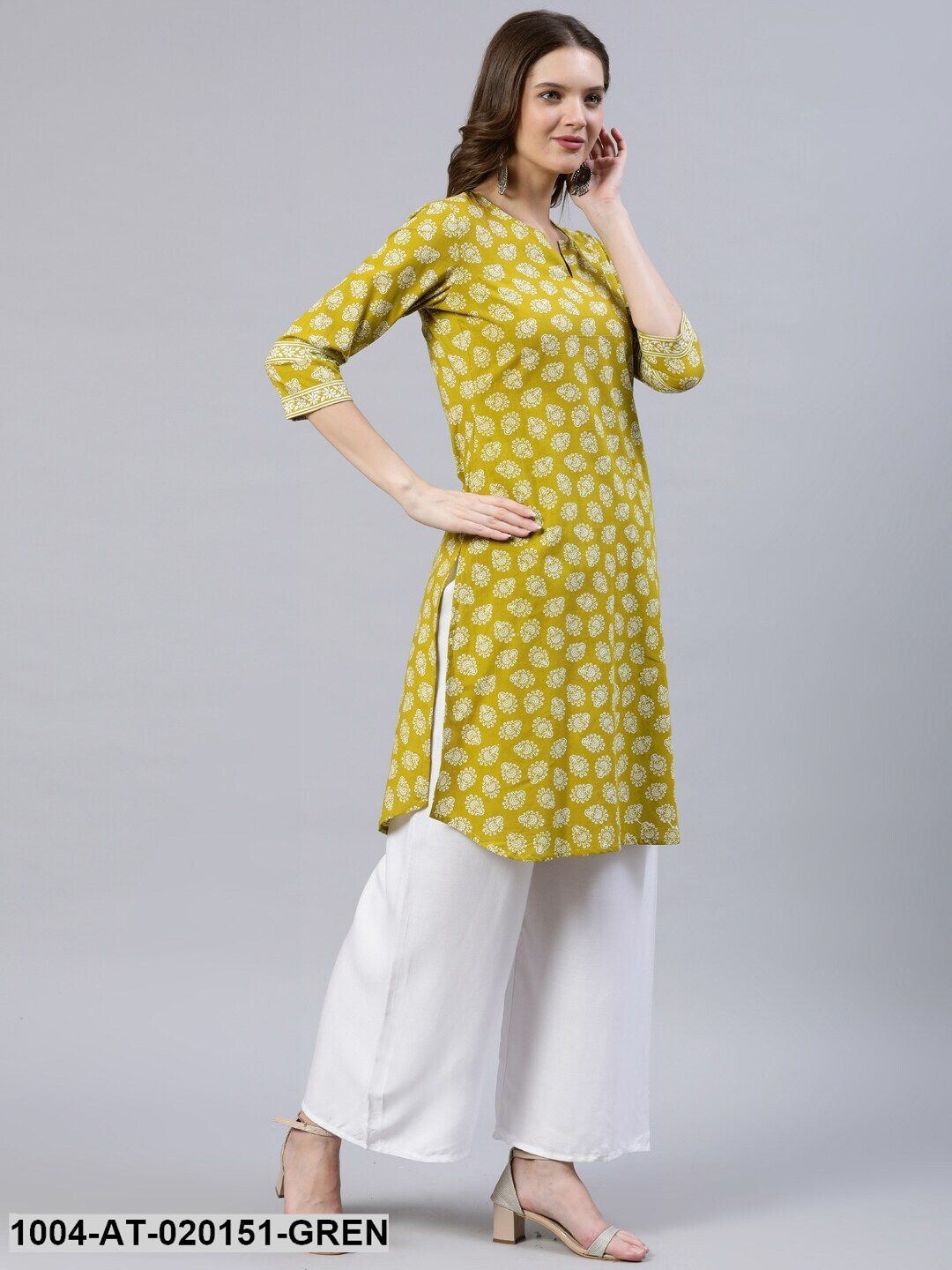 Green & White Ethnic Motifs Printed Kurta - Image 3