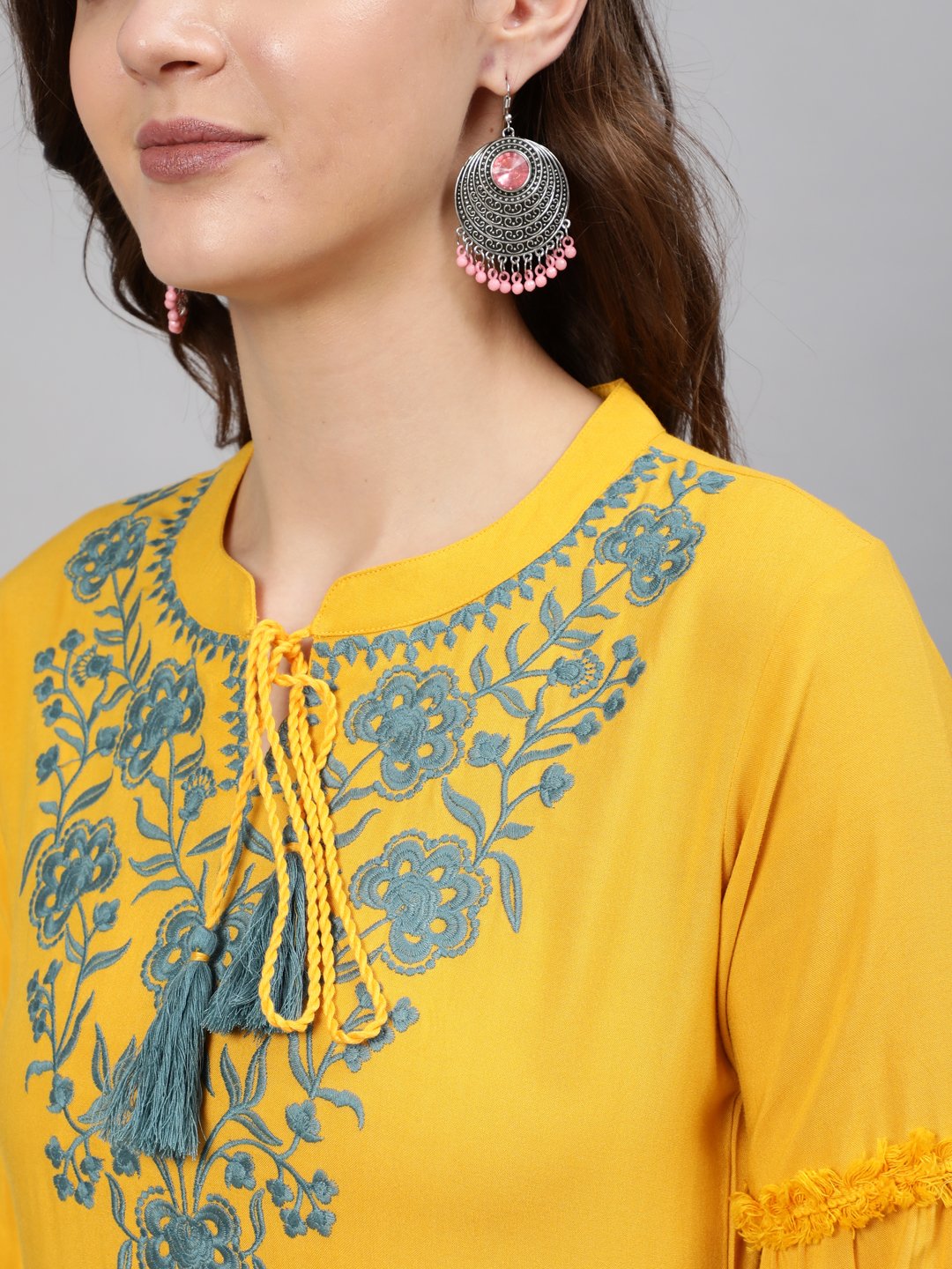 Women Mustard Embroidered Straight Kurta With Three Quarter Sleeves - Image 2