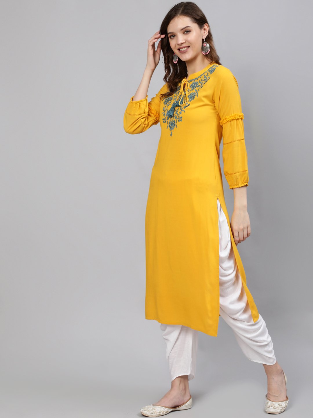 Women Mustard Embroidered Straight Kurta With Three Quarter Sleeves - Image 3