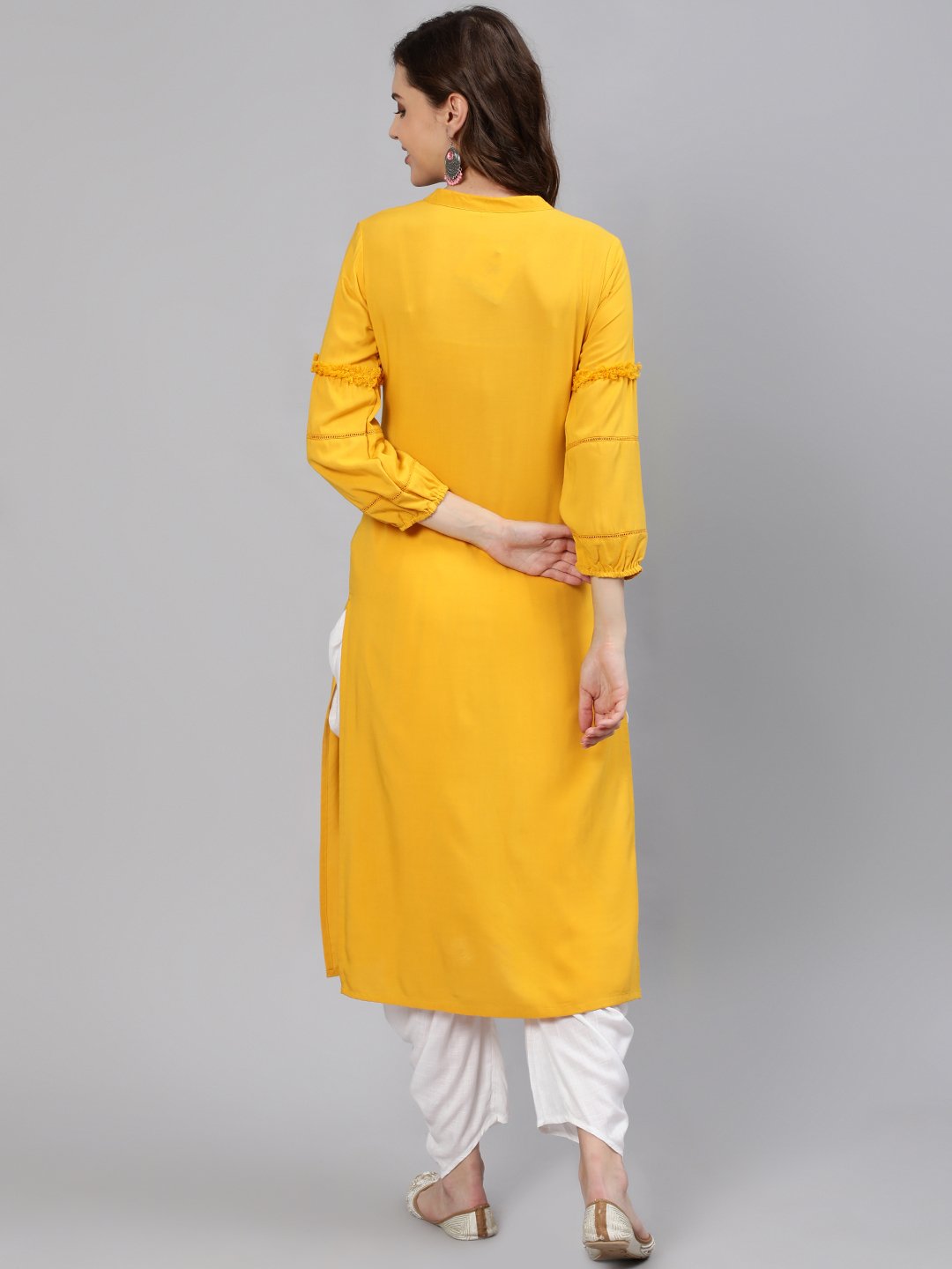 Women Mustard Embroidered Straight Kurta With Three Quarter Sleeves - Image 4