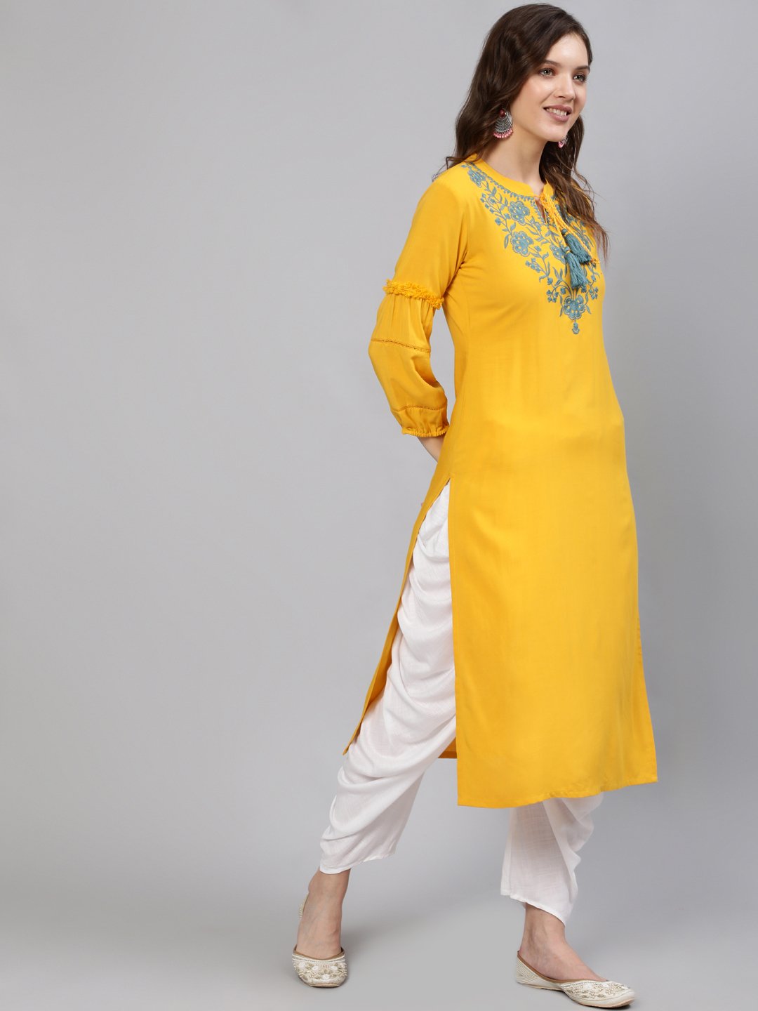 Women Mustard Embroidered Straight Kurta With Three Quarter Sleeves - Image 5