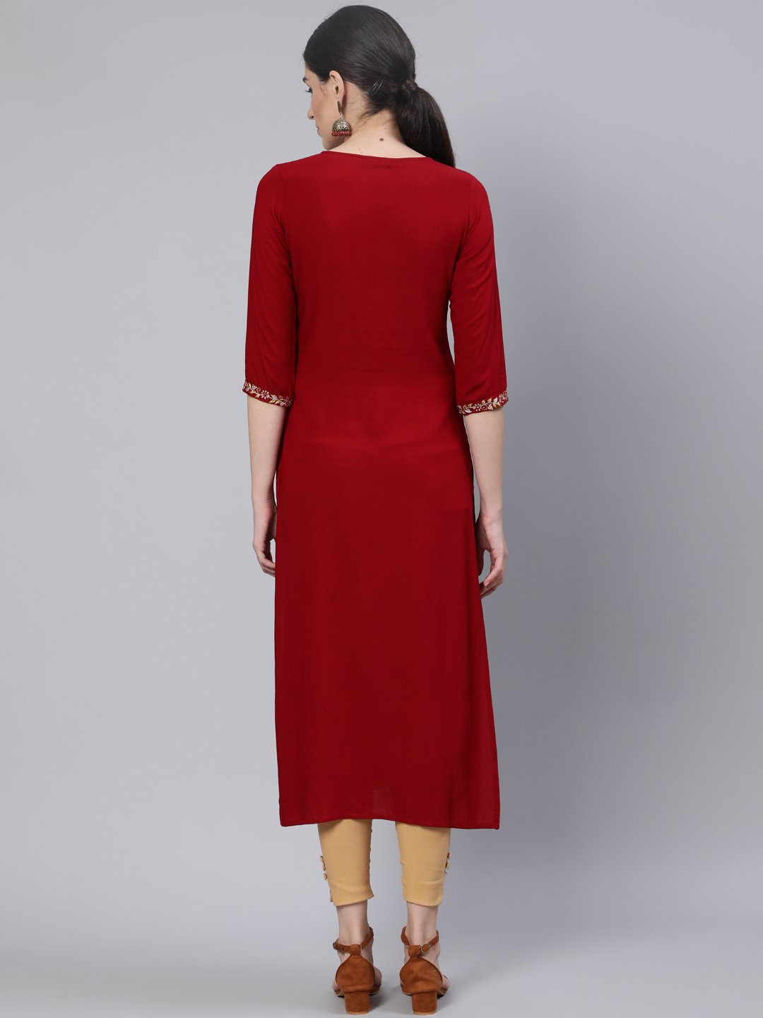 Women Maroon Embroidered Straight Kurta with Three Quarter Sleeves - Image 5