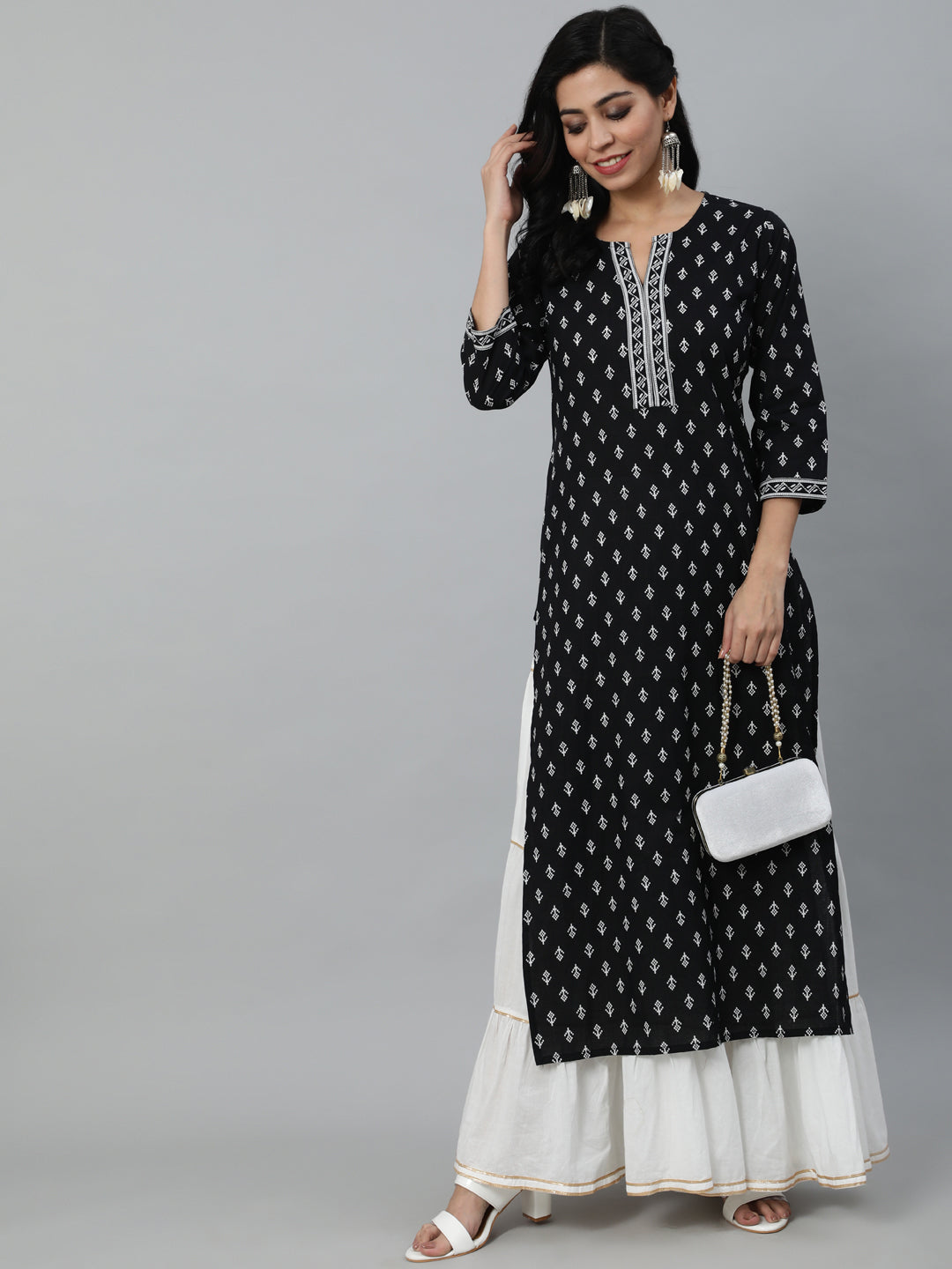 Women Black Calf Length Straight Kurta With Round Neck And Three Quarter Sleeves - Image 5