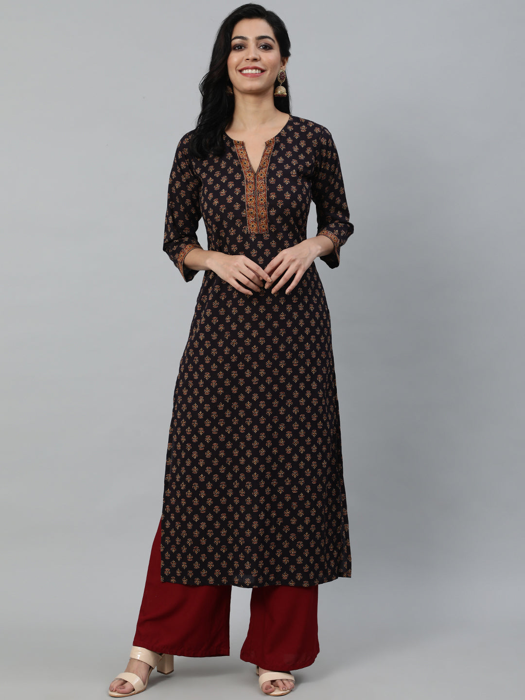 Women Purple Printed Straight Kurta With Three Quarter Sleeves - Image 5