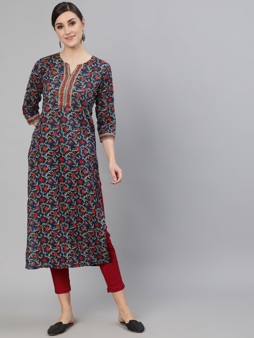 Women Blue Printed Straight Kurta With Three Quarter Sleeves - Image 5