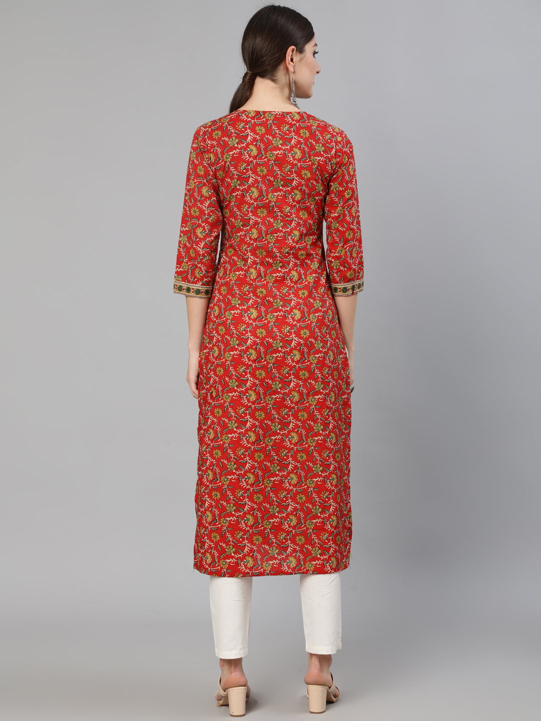 Red Floral printed Straight Kurta With Three Quarter Sleeves - Image 3