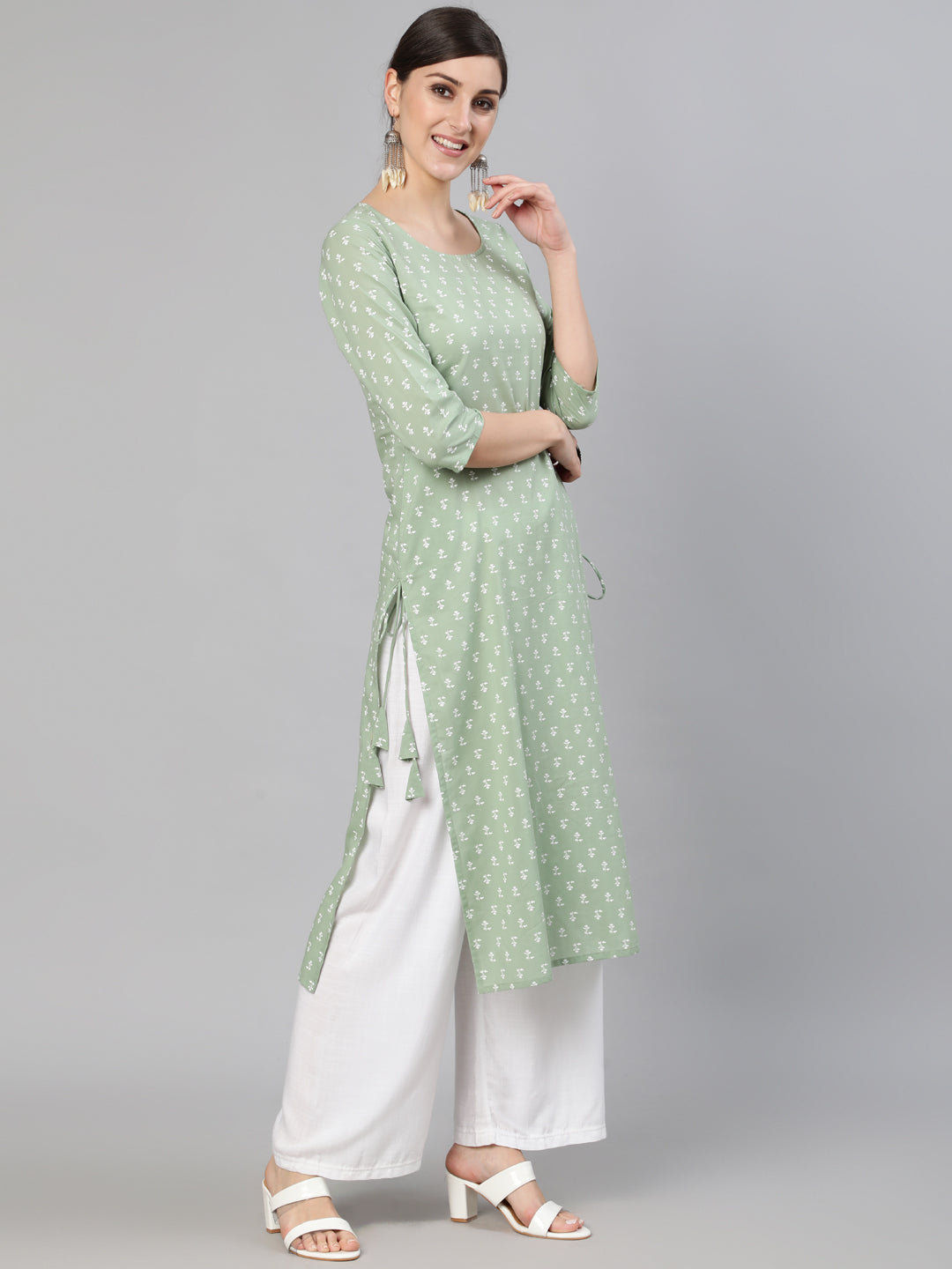 Olive Green Ethnic Printed Straight Kurta With Three quarter Sleevs - Image 2