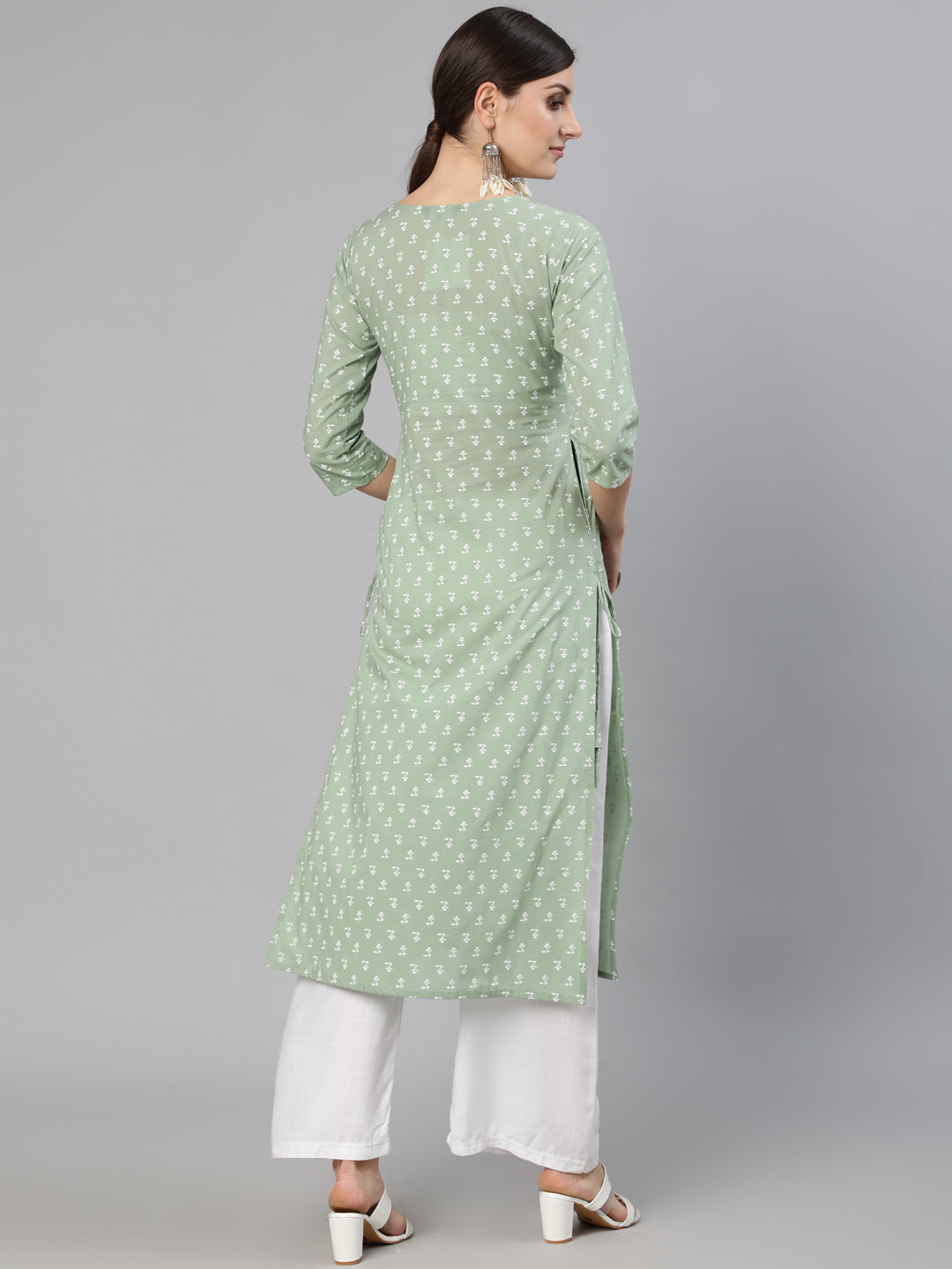 Olive Green Ethnic Printed Straight Kurta With Three quarter Sleevs - Image 3