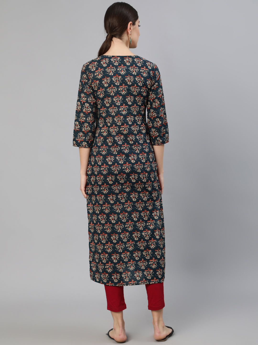 Teal Blue Printed Straight Kurta with Three Quarter Sleeves - Image 3