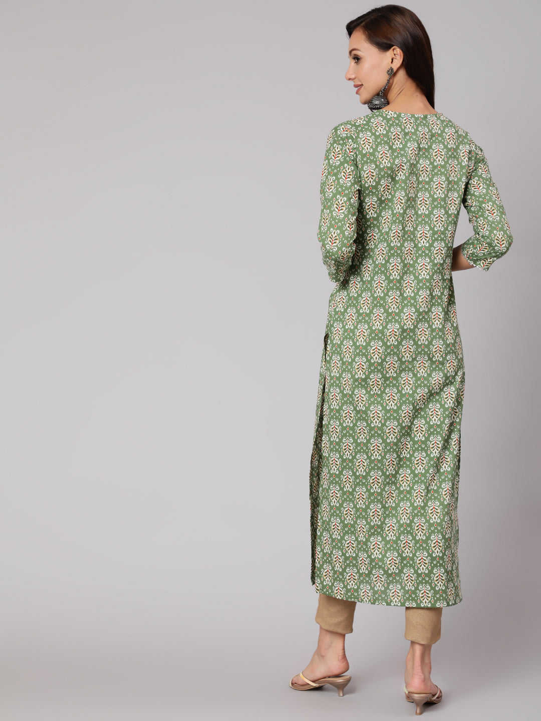 Green Ethnic Printed Straight Kurta With Three Quarter Sleeves - Image 3
