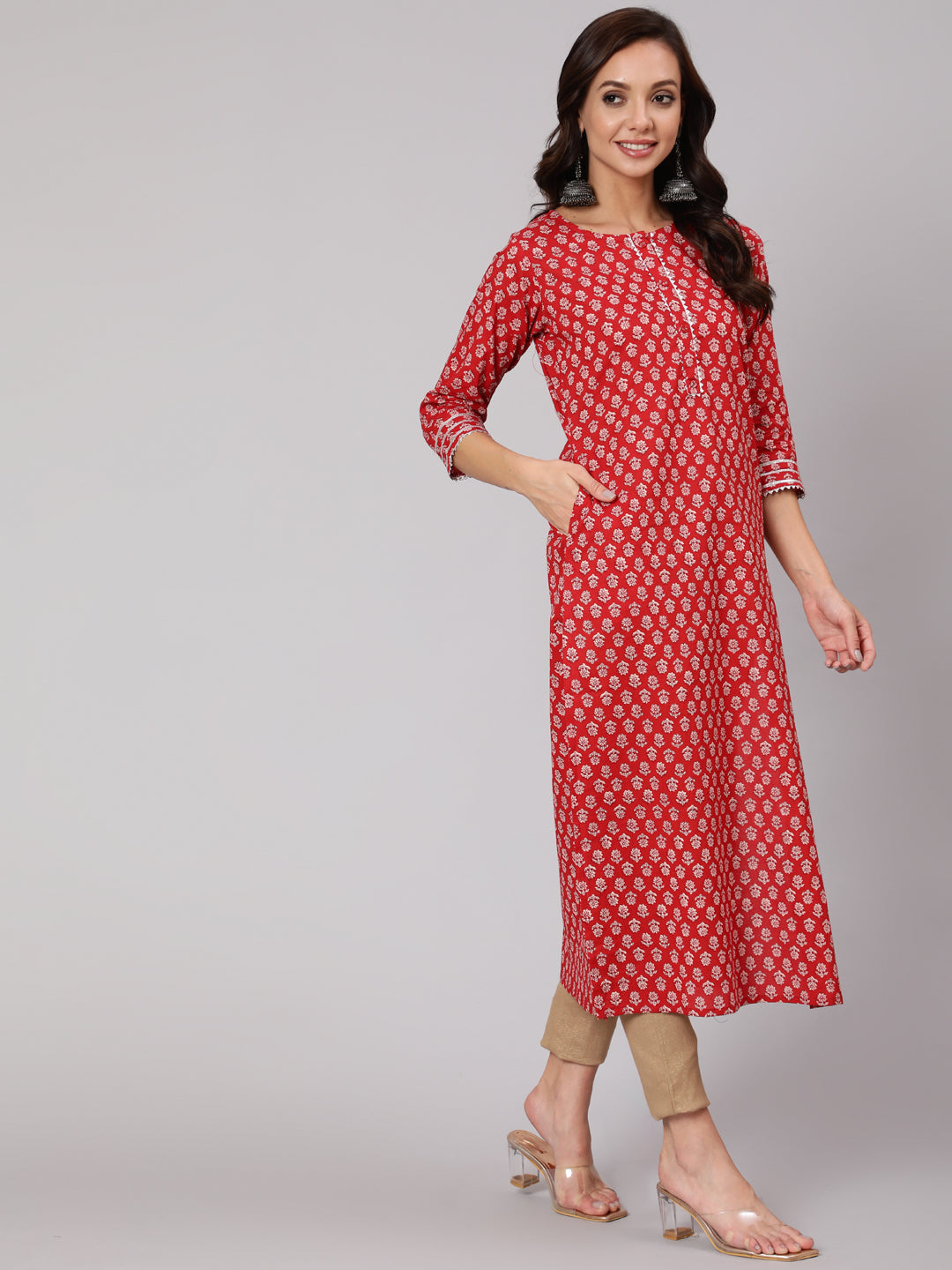 Red Ethnic Printed Straight Kurta With Three Quarter Sleeves - Image 2