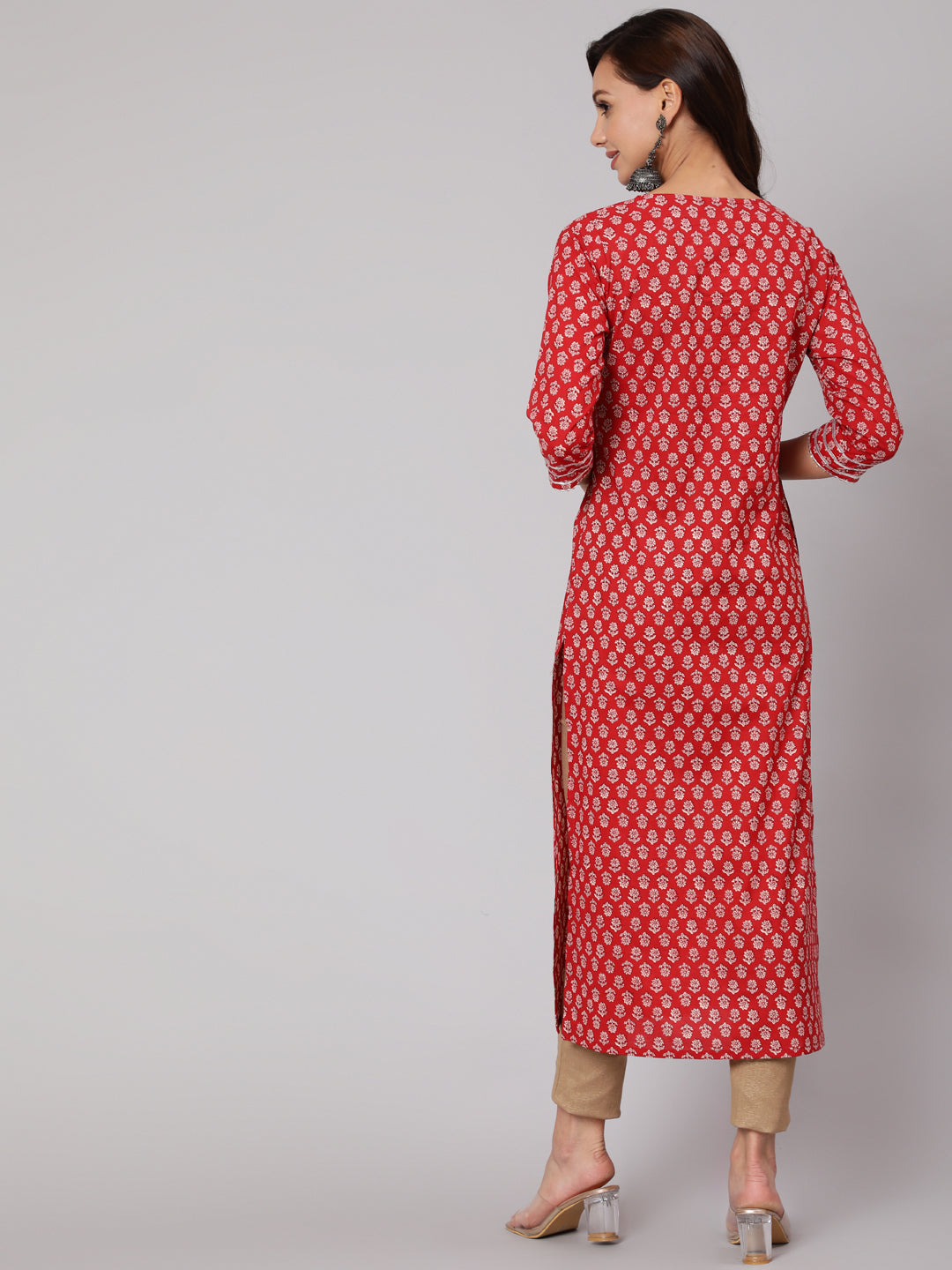 Red Ethnic Printed Straight Kurta With Three Quarter Sleeves - Image 3