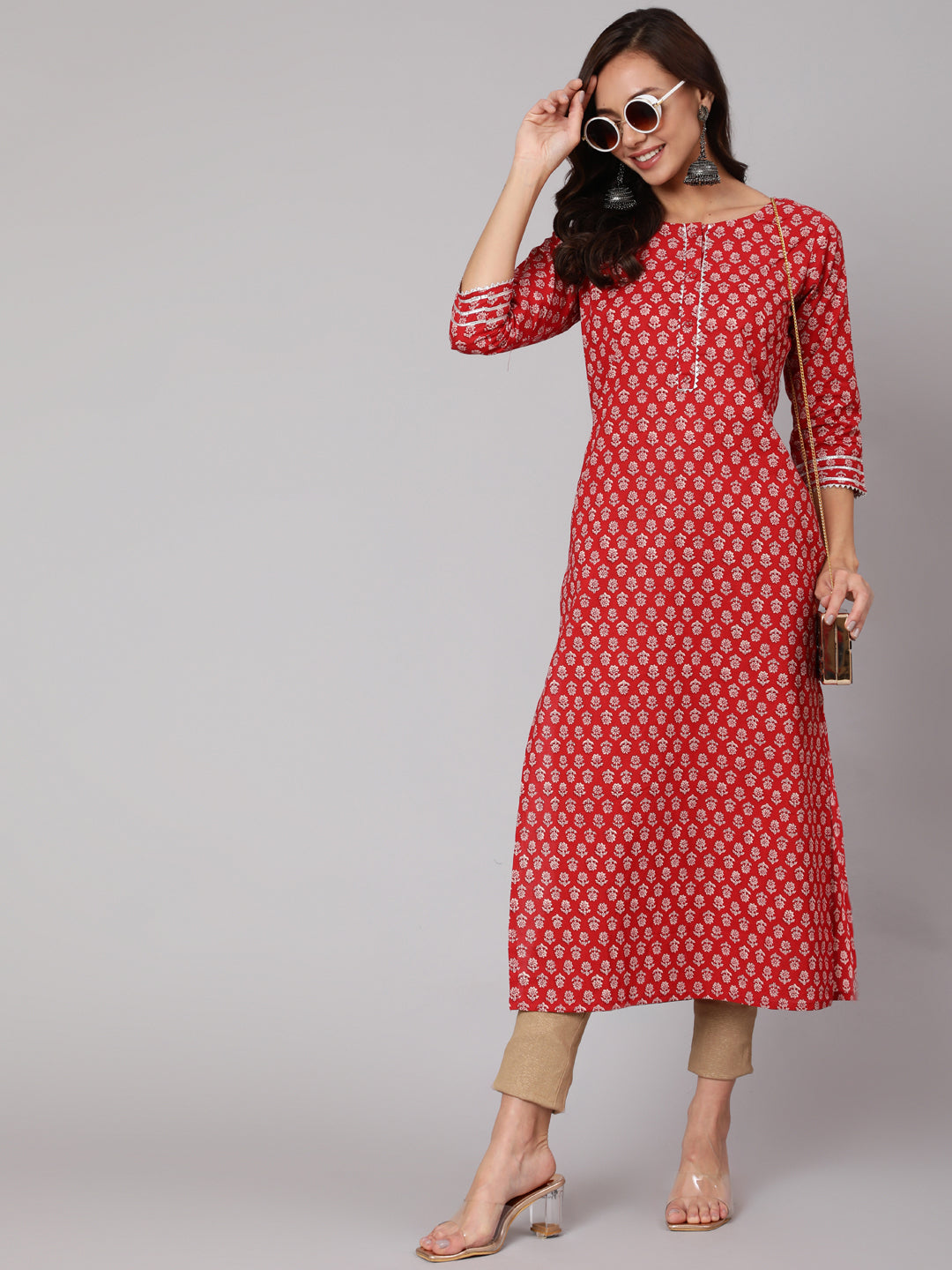 Red Ethnic Printed Straight Kurta With Three Quarter Sleeves - Image 5