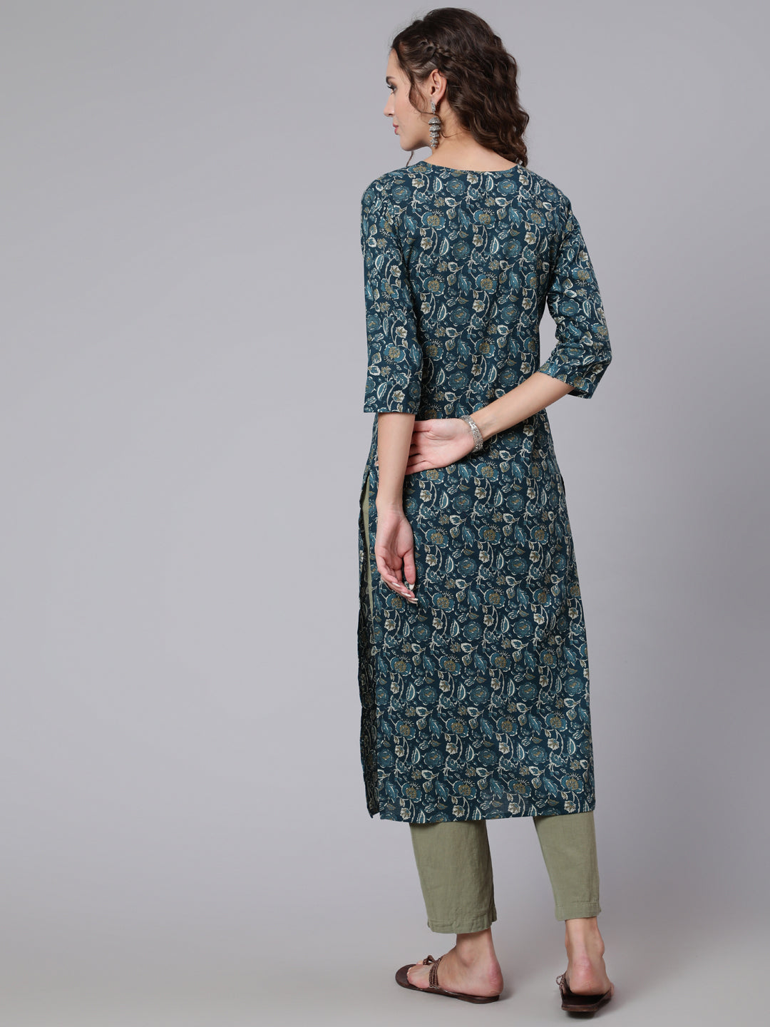 Teal Blue Printed straight kurta with three quarter sleeves - Image 3
