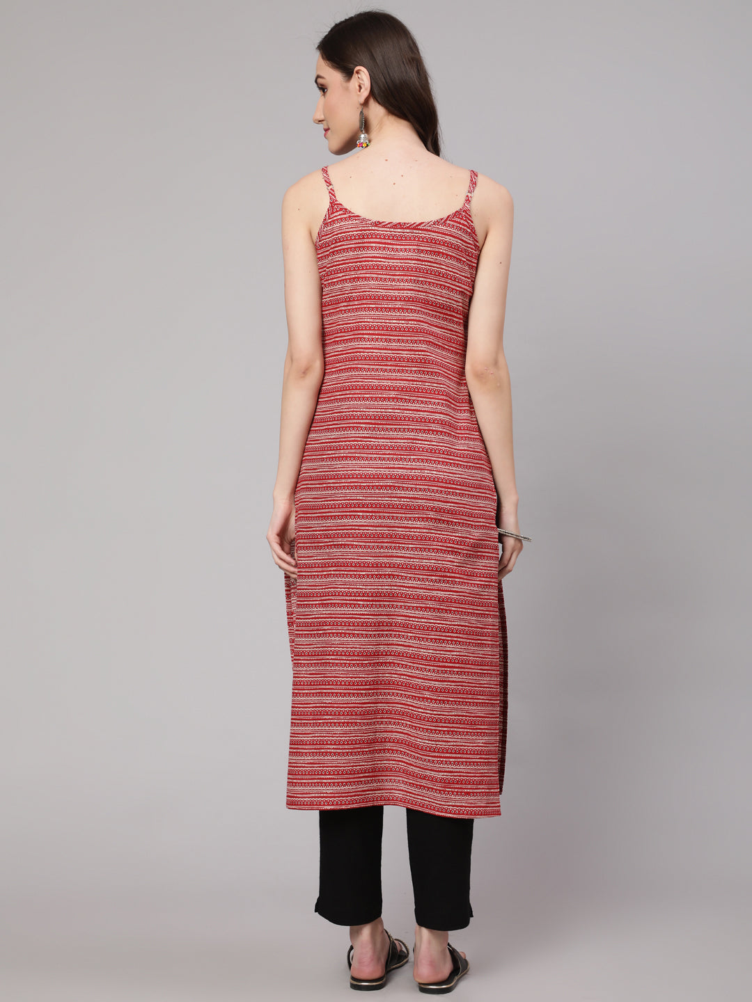 Red Geometric Printed Straight Sleevesless Kurta - Image 3