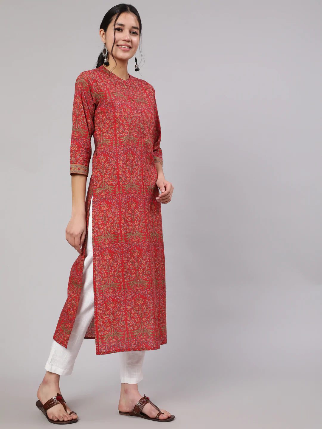 Red Printed Straight Kurta With Three Quarter Sleeves - Image 2