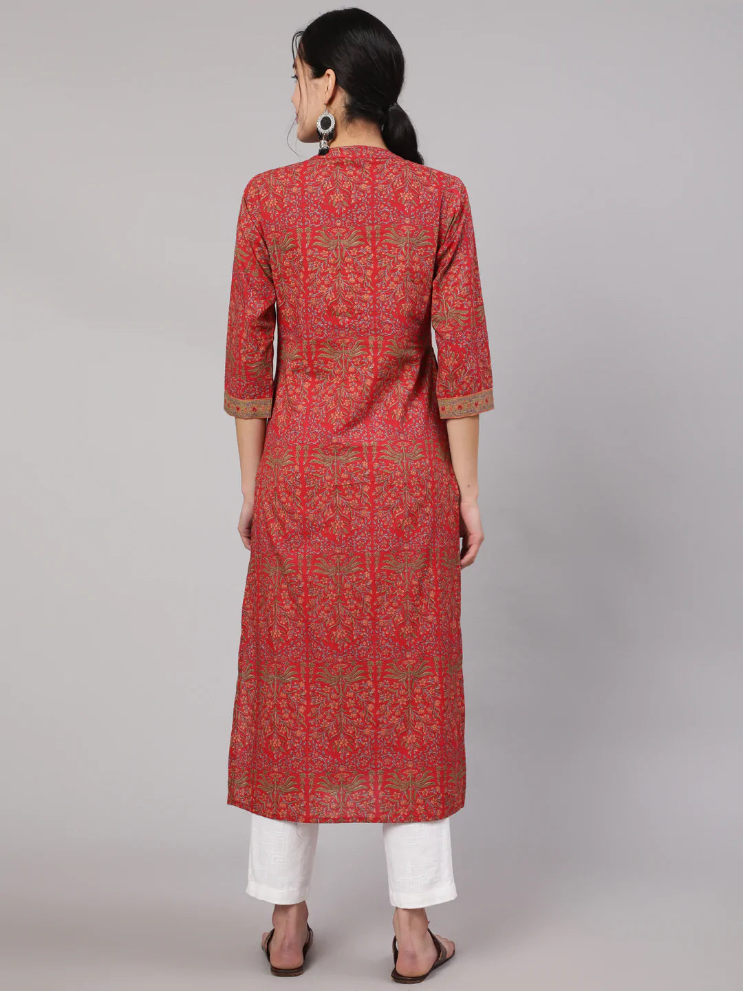 Red Printed Straight Kurta With Three Quarter Sleeves - Image 3