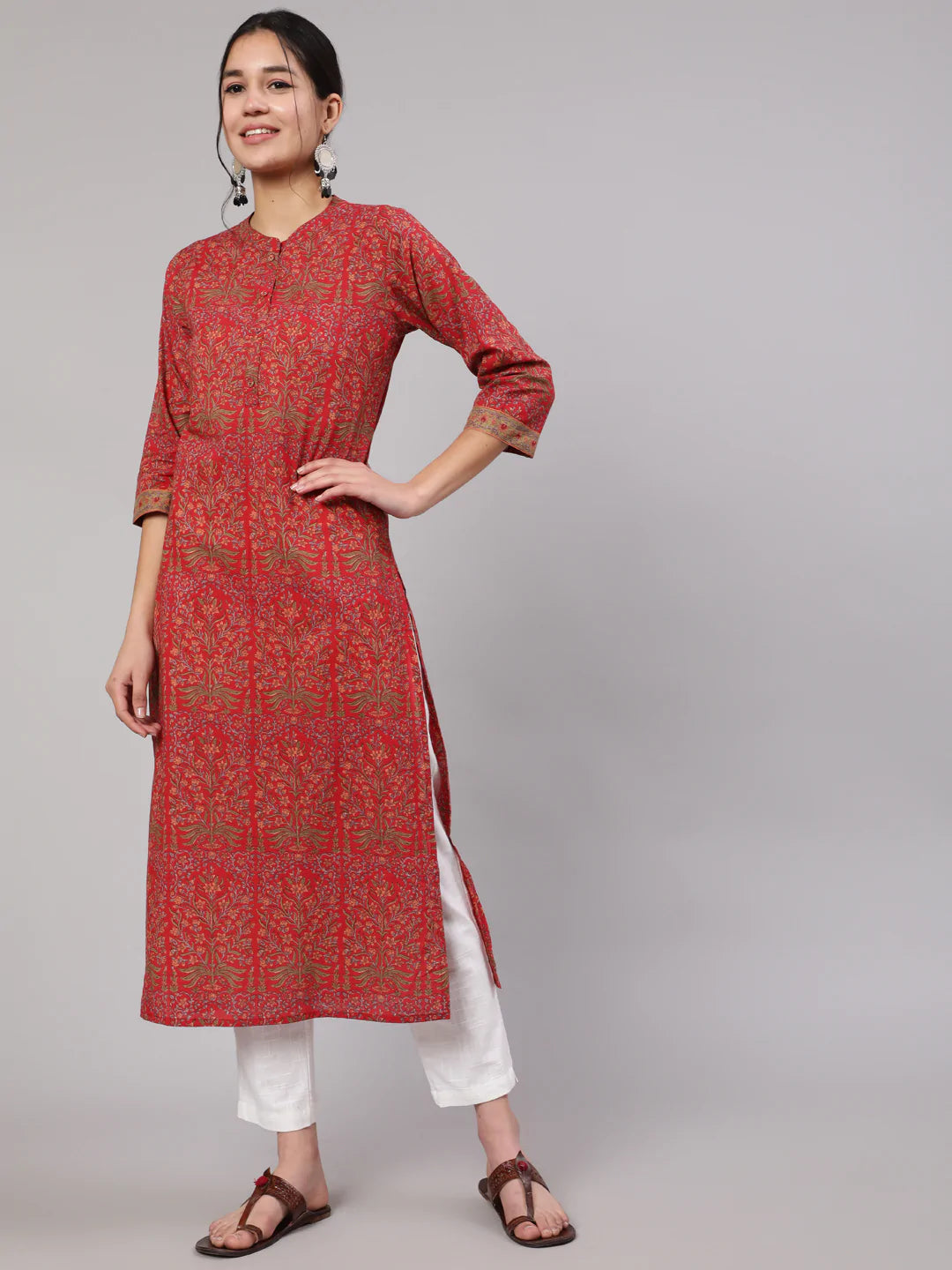 Red Printed Straight Kurta With Three Quarter Sleeves - Image 5