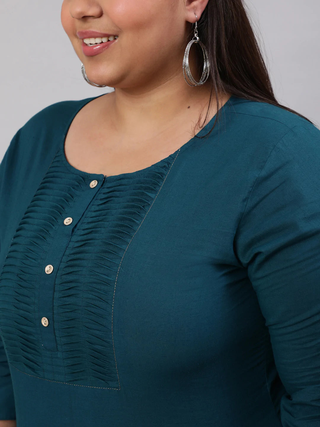 Plus Size Teal Blue Printed Straight kurta with Three Quarters Sleeves - Image 4