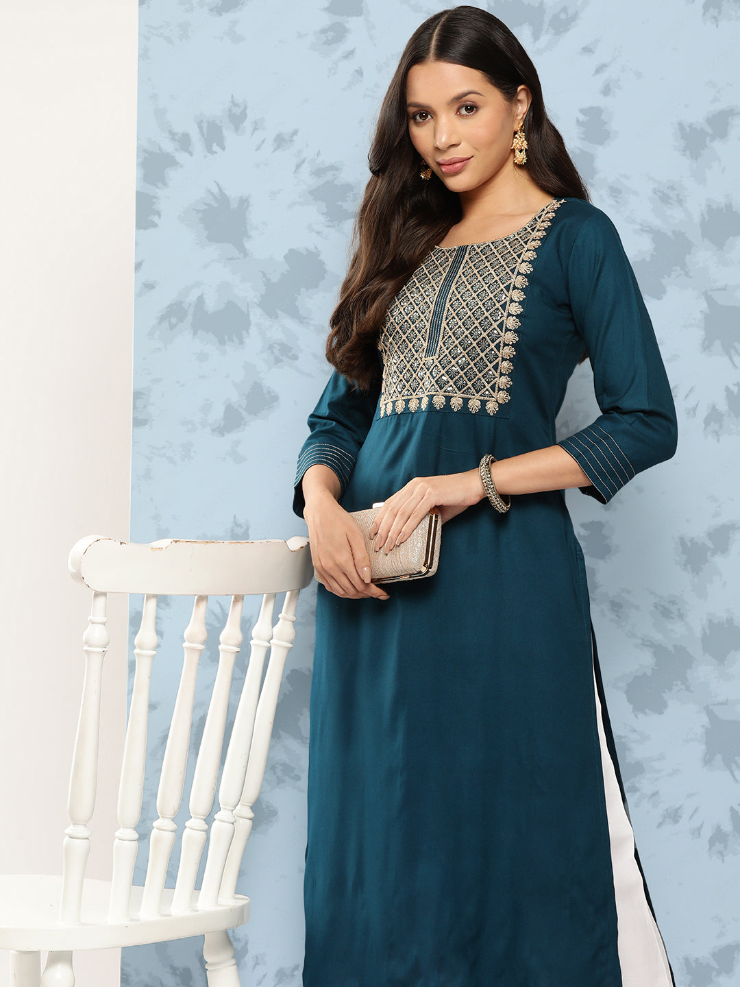 Teal Blue Embroidered Yoke Design Straight Kurta - Image 4