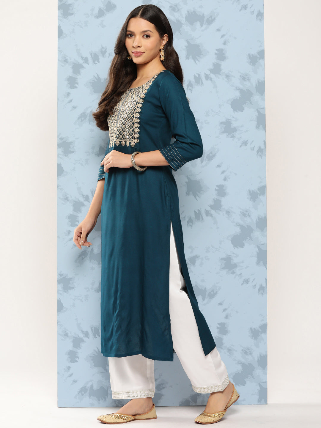 Teal Blue Embroidered Yoke Design Straight Kurta - Image 2
