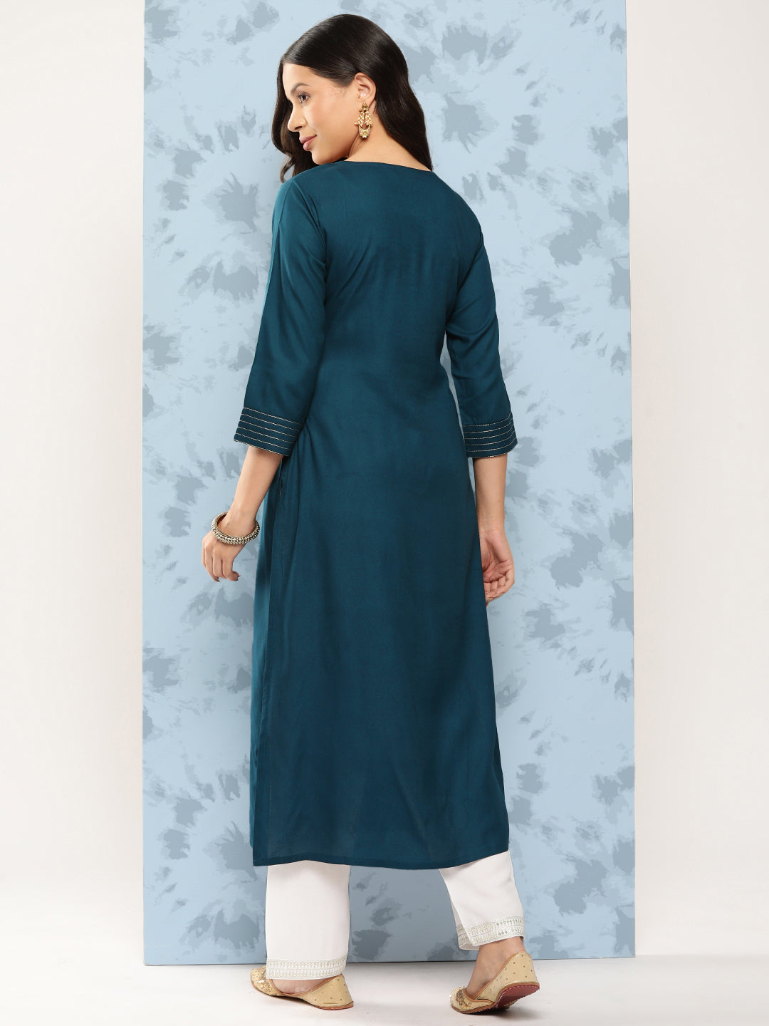Teal Blue Embroidered Yoke Design Straight Kurta - Image 3