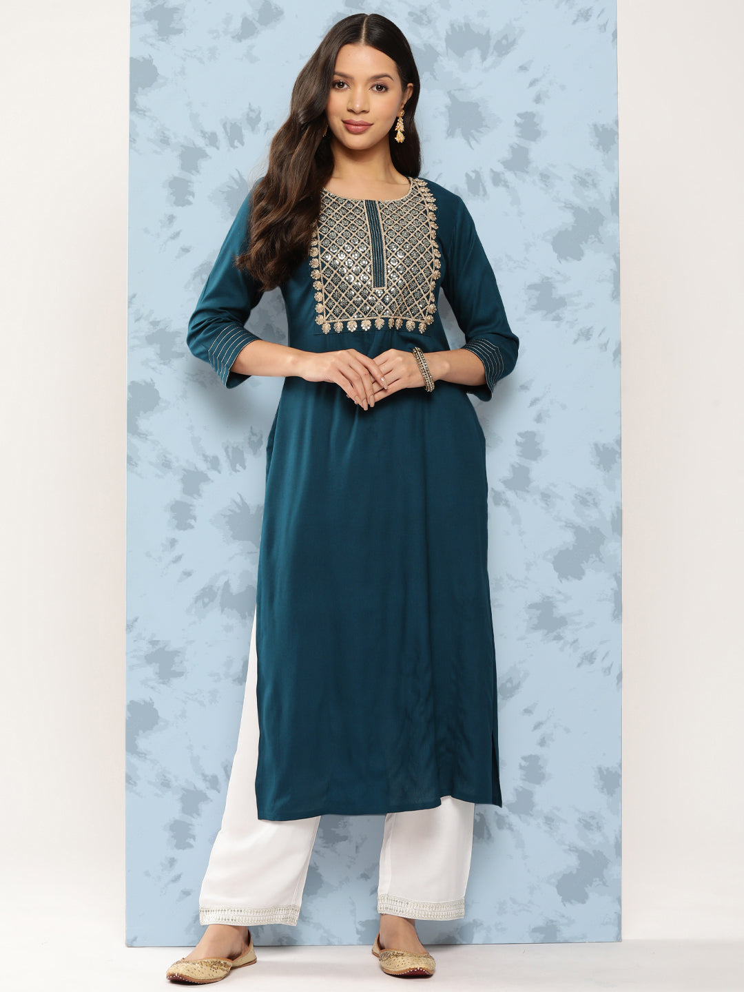 Teal Blue Embroidered Yoke Design Straight Kurta - Image 5