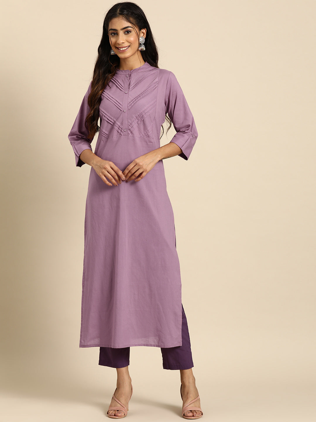 Women Purple Straight Kurta With Three Quarter Sleeves - Image 5