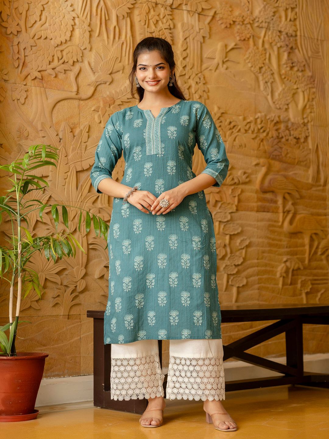 Turquoise Blue Printed Straight Kurta - Image 2