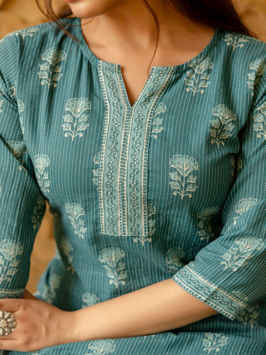 Turquoise Blue Printed Straight Kurta - Image 3