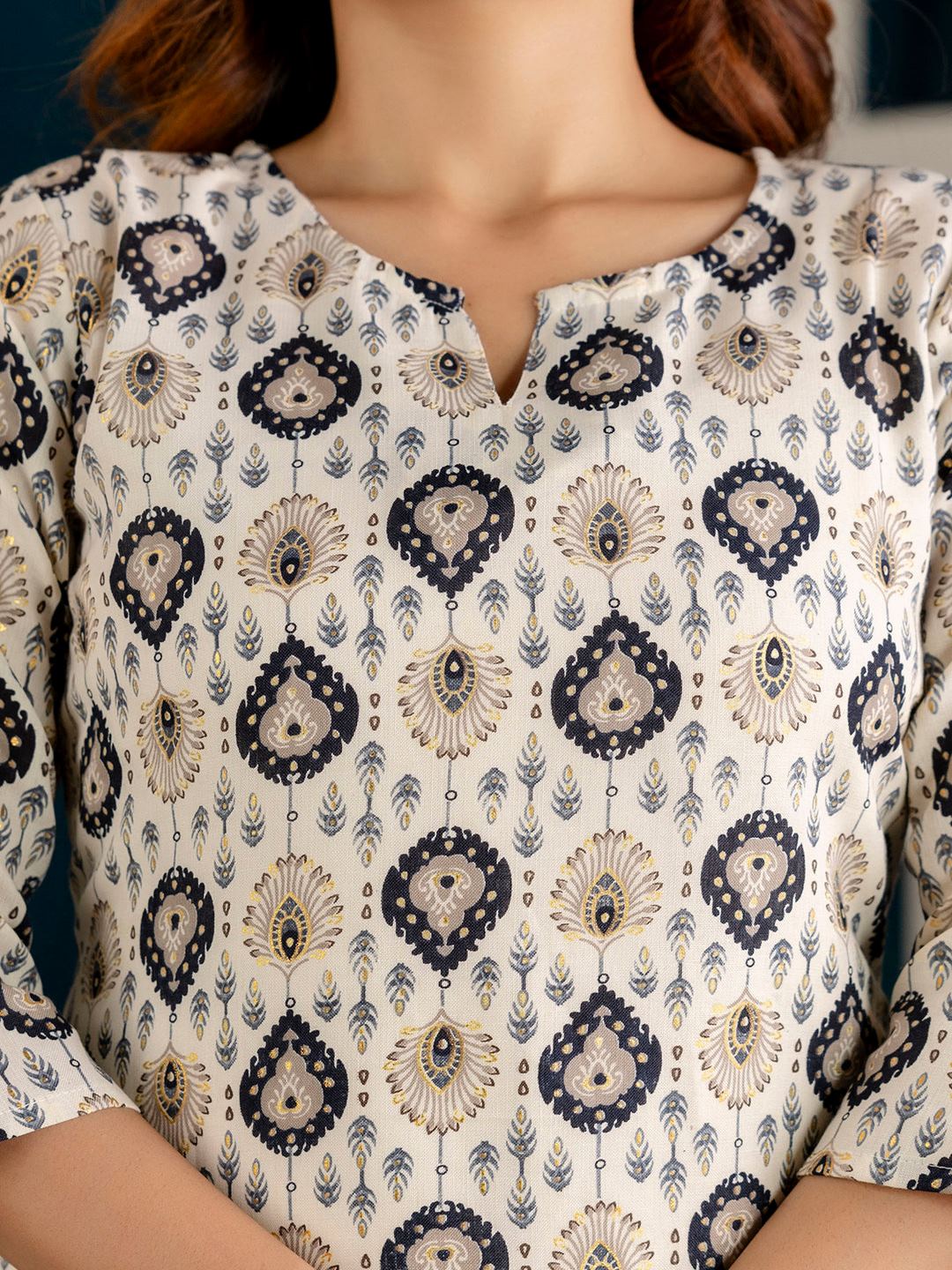Off White And Black Printed Straight Kurta - Image 2