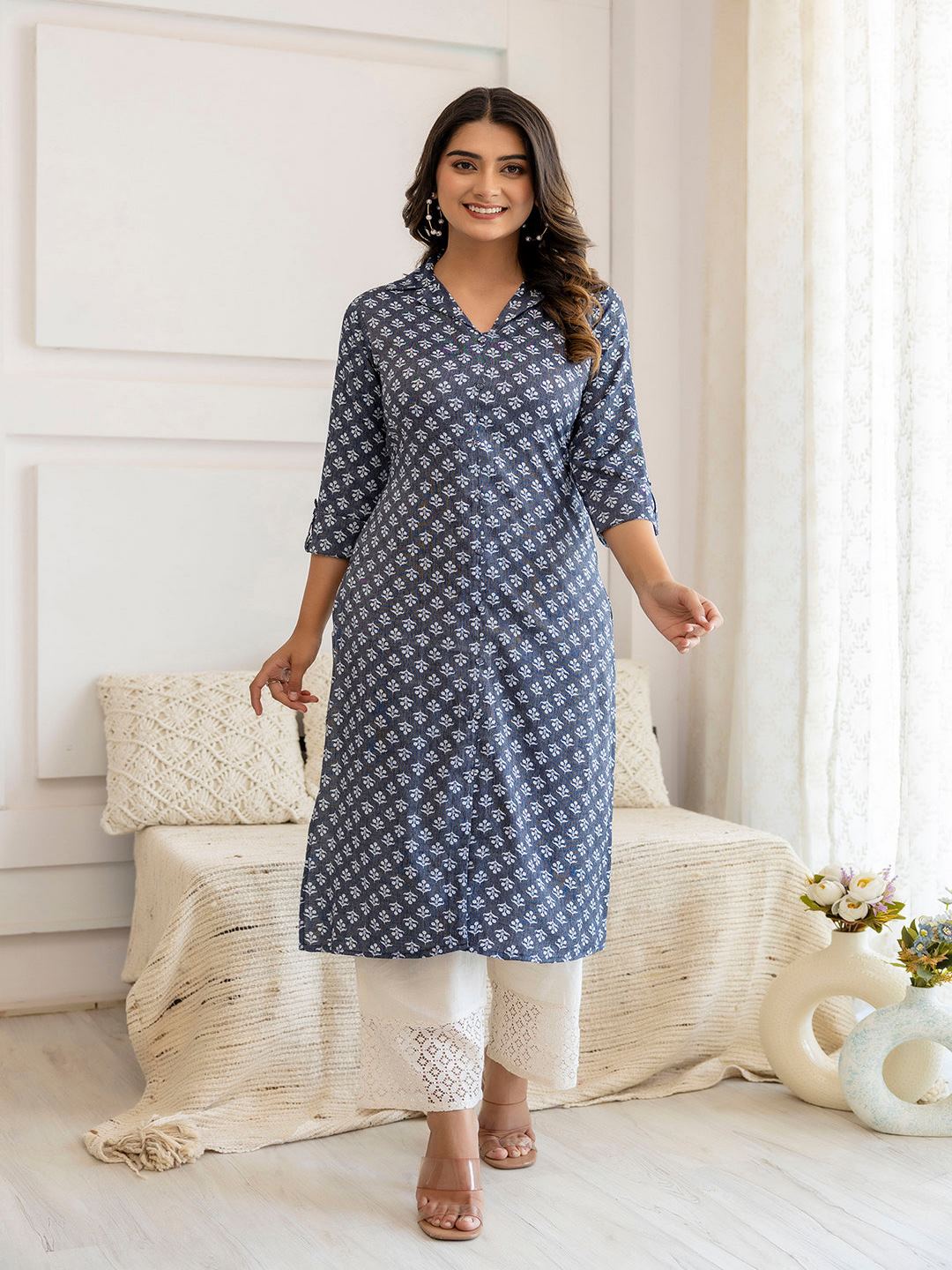 Blue Grey Printed Straight Shirt Collar Kurta - Image 2