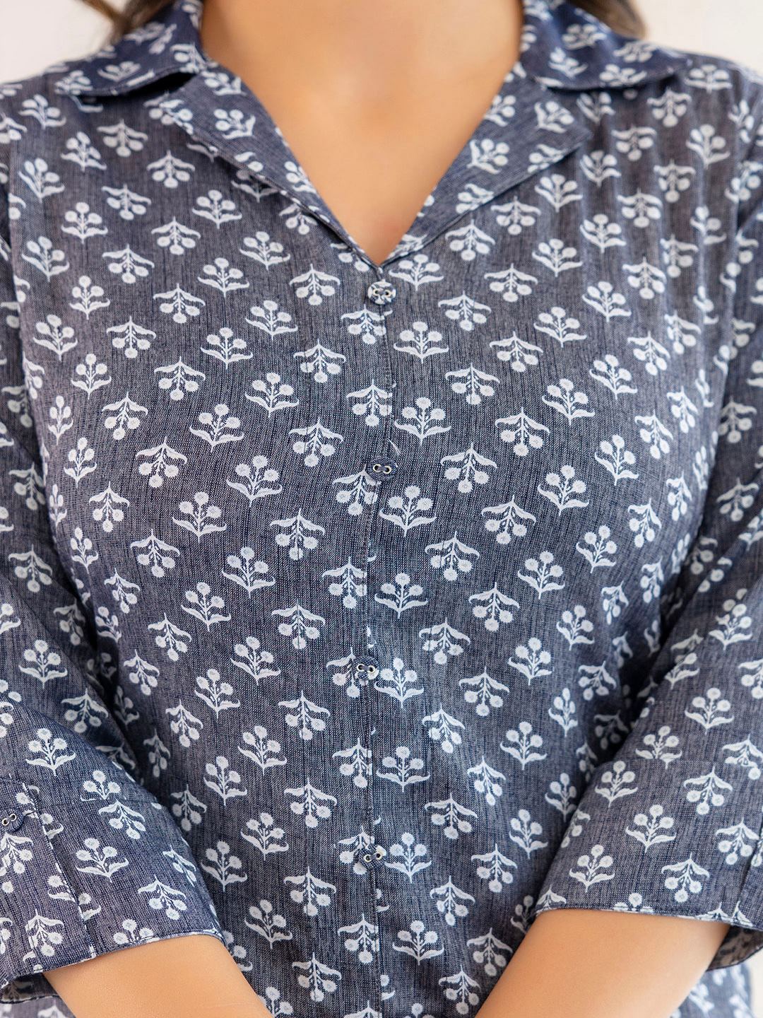 Blue Grey Printed Straight Shirt Collar Kurta - Image 3