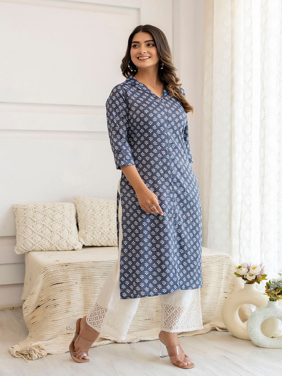 Blue Grey Printed Straight Shirt Collar Kurta - Image 4