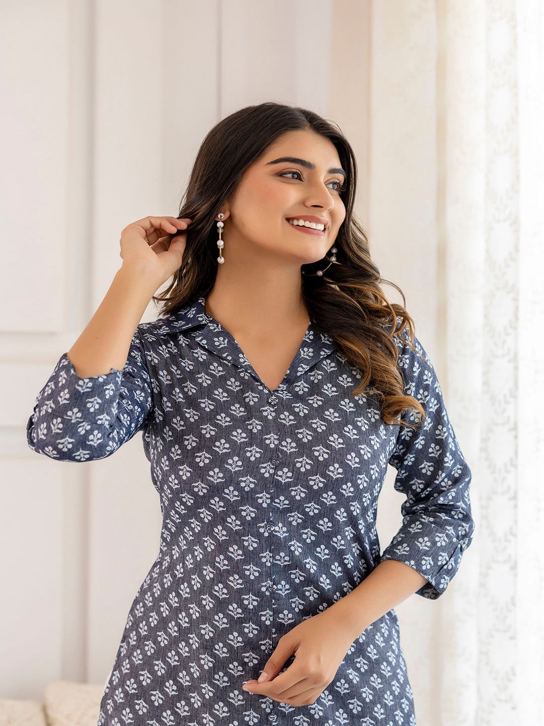 Blue Grey Printed Straight Shirt Collar Kurta - Image 5