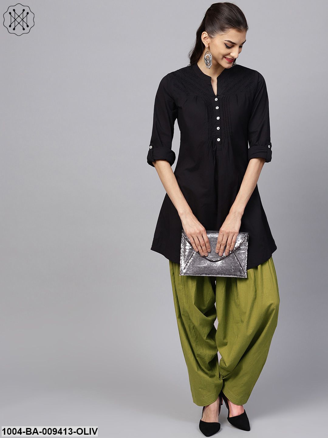 Solid Olive Green Pleated Patiala Salwar With Drawstring Detailing - Image 2
